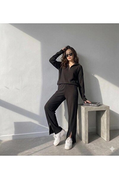 MADAM PARS Women's Black Zip Detail Corded Fabric Half Turtleneck Top and Bot...