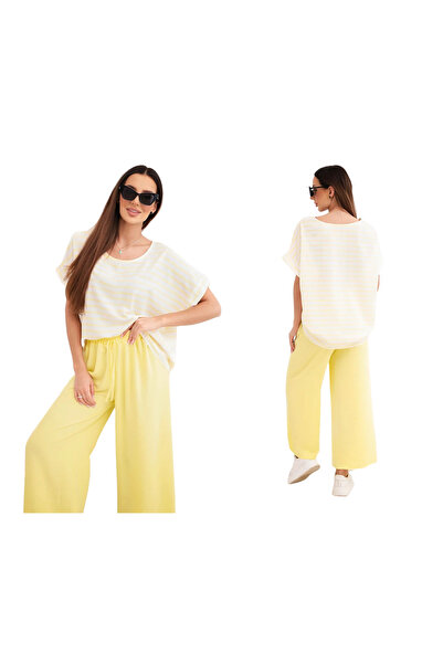 Kesi Set de damă din viscoză galbenă cu dungi și pantaloni largi