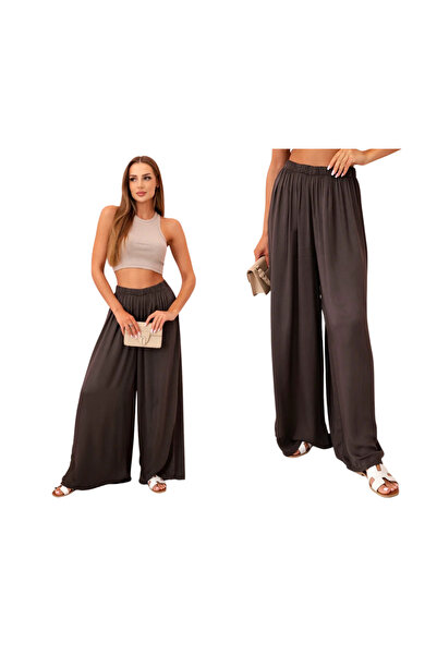 Kesi Pantaloni largi din viscoză maro pentru femei, cu talie înaltă