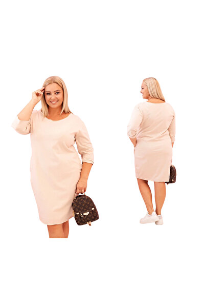 Kesi Rochie simplă bej pentru femei, mărime mare, cu buzunare și mâneci 3/4