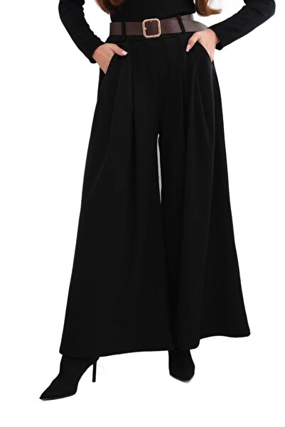 Kesi Pantaloni negri cu croi larg pentru femei, cu curea