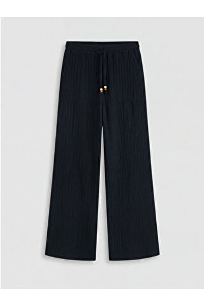LC Waikiki M1 Season Black Elastic Waist Textured Muslin Women's Trousers