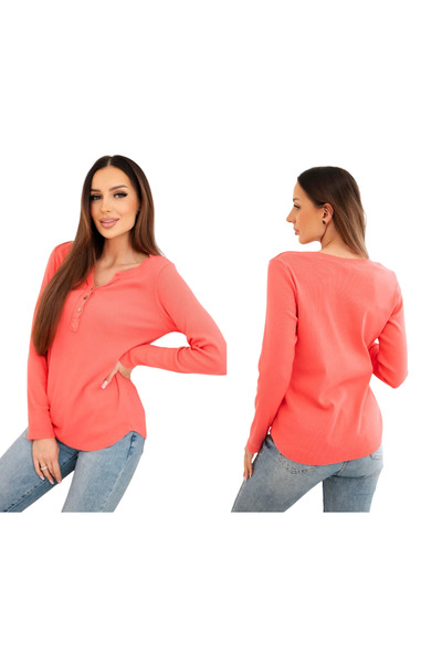 Kesi Bluză de damă din bumbac, culoarea zmeurii, cu decolteu cu nasturi și mâ...