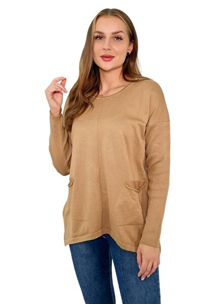 Kesi Pulover camel cu buzunare frontale