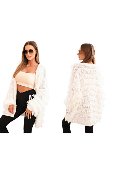 Kesi Cardigan lung ecru pentru femei cu franjuri