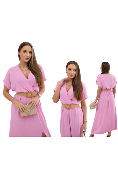 Kesi Rochie maxi de vară pentru femei, roz deschis, cu decolteu înfășurat