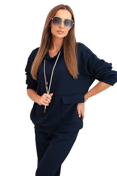 Kesi Set trening bleumarin supradimensionat pentru femei, cu glugă și pantalo...