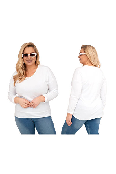 Kesi Bluză de damă albă cu mânecă lungă, model uzat, mărime mare, mărime mare