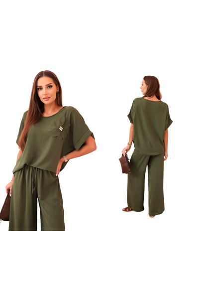 Kesi Set de damă kaki din viscoză cu aplicații florale și pantaloni lejeri