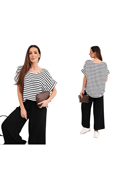 Kesi Set negru de damă din viscoză cu dungi și pantaloni largi