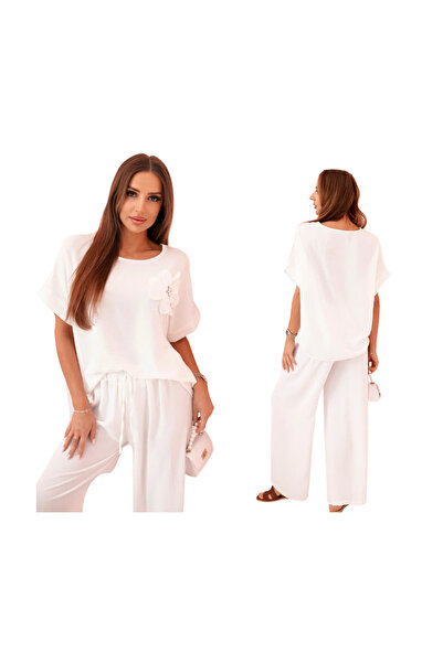 Kesi Set de damă din viscoză albă cu aplicații florale și pantaloni lejeri