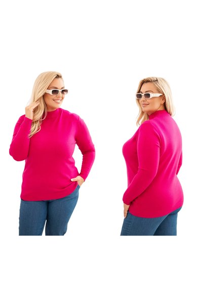 Kesi Pulover de damă fuchsia PLUS SIZE cu guler înalt - clasic, moale