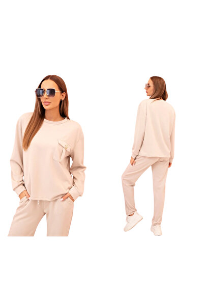 Kesi Set trening bej pentru femei cu buzunar decorativ și pantaloni drepți