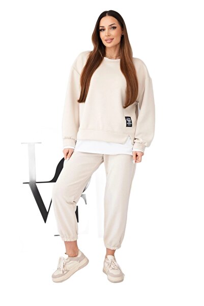 Kesi Set de damă cu unt, hanorac lejer și pantaloni de trening bej