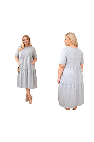 Kesi Flared Cotton dress, melange gray, for women, plus size, with Pocketed