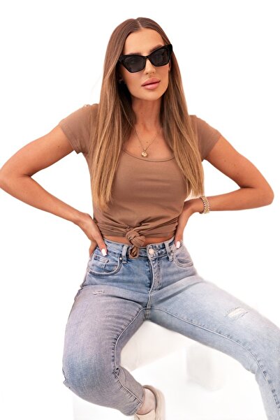 Kesi Bluză clasică de damă din bumbac cu mâneci scurte, culoarea cămilă