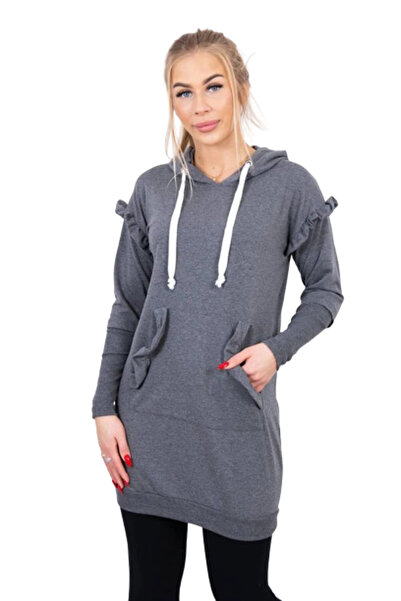 Kesi Rochie grafit cu volane decorative și glugă