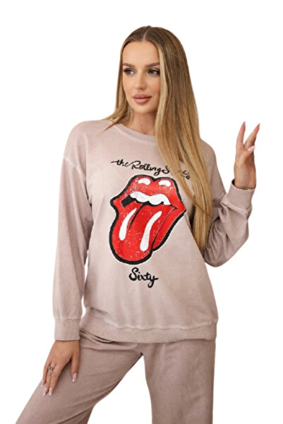 Kesi Un set din bumbac pre-spălat cu imprimeu, un hanorac și pantaloni roz pu...