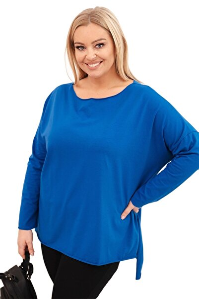 Kesi Bluză asimetrică de damă, mărime mare, cu mâneci lungi, albastru-albăstr...