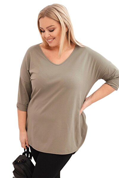 Kesi Bluză kaki din bumbac pentru femei, mărime mare, cu decolteu în V și mân...