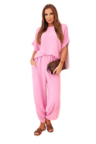 Kesi Set de damă din viscoză roz deschis - bluză și pantaloni cu mânecă scurtă