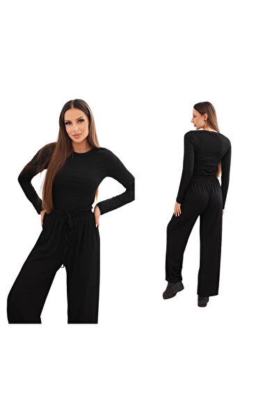 Kesi Set negru de damă din viscoză, cu bluză și pantaloni largi