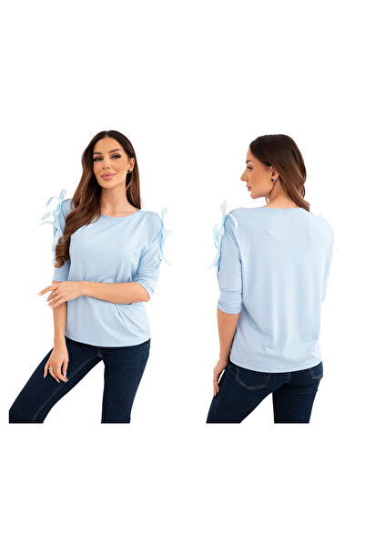 Kesi Women's blue blouse with ribbing and decorative ties on the sleeves