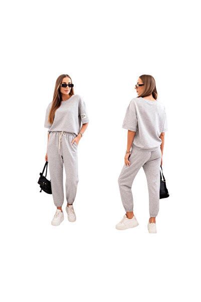 Kesi Set gri de damă BUTTER din viscoză, cu bluză lejeră și pantaloni