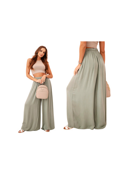 Kesi Pantaloni largi din viscoză kaki pentru femei, cu talie înaltă