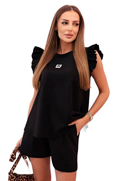 Kesi Set negru pentru femei cu volane pe umeri și pantaloni scurți