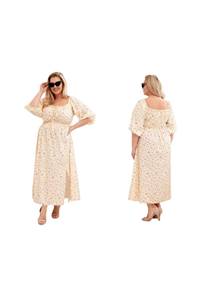 Kesi Women's yellow dress, plus size, with Printed and gathered waist