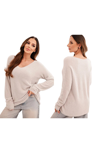 Kesi Pulover de damă din lână bej închis cu decolteu în V