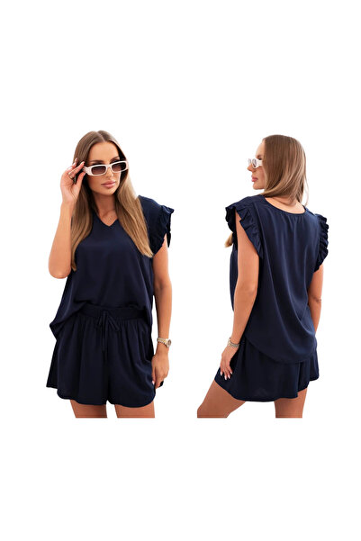 Kesi Set de damă din viscoză, bluză cu volane și pantaloni scurți bleumarin