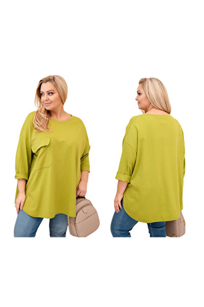 Kesi Bluză de damă verde măsliniu, mărime PLUS, cu buzunar la bust și mâneci 3/4