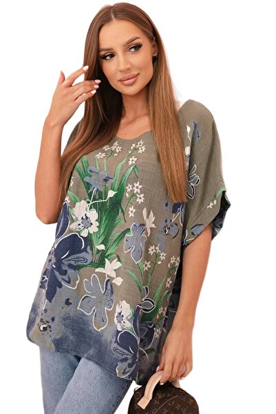 Kesi Bluză de damă din bumbac cu imprimeu floral și mâneci scurte, kaki