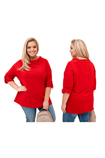 Kesi Red blouse for women, plus size, with Draped collar and 3/4 sleeves