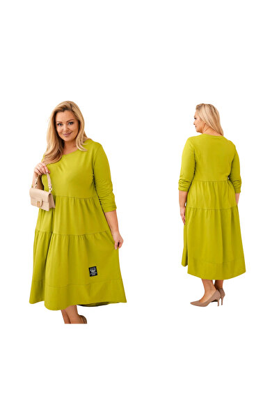 Kesi Rochie evazată din bumbac, mărime mare, cu mâneci lungi, culoarea fistch...