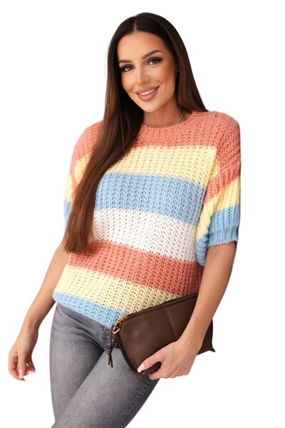 Kesi Pulover roșu de damă cu imprimeu ajurat și dungi pastelate