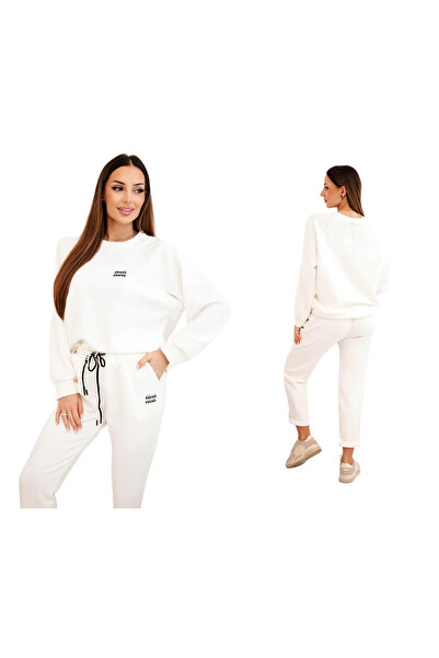 Kesi Set trening ecru pentru femei din viscoză cu broderie decorativă