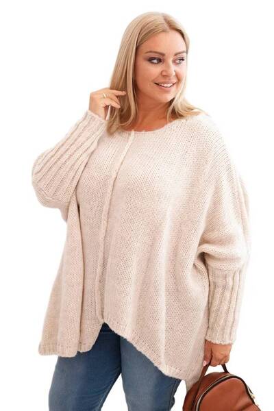 Kesi Women's Oversized beige sweater, plus size, with asymmetric hem