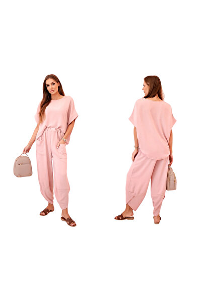 Kesi Set de damă din viscoză roz pudrat închis - bluză și pantaloni cu mânecă...