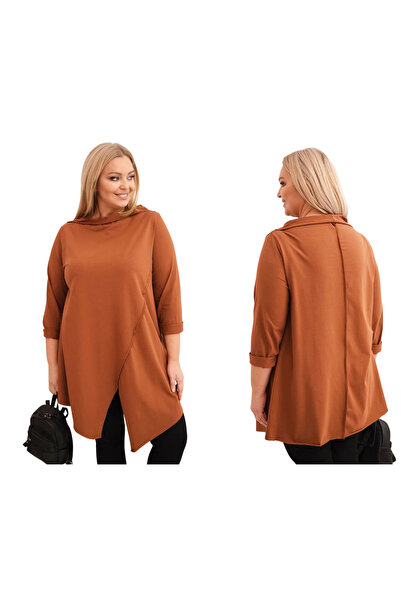 Kesi Bluză asimetrică din bumbac pentru femei, mărime plus, culoare camel înc...