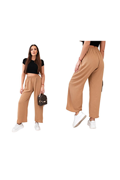 Kesi Pantaloni de damă din viscoză camel, cu croi larg, talie elastică