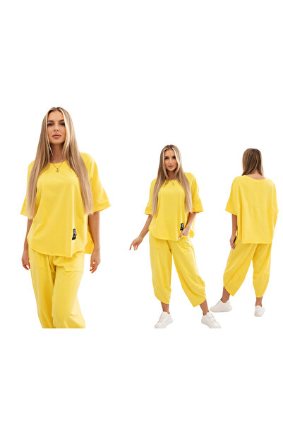Kesi Set galben din bumbac pentru femei: bluză și pantaloni supradimensionați