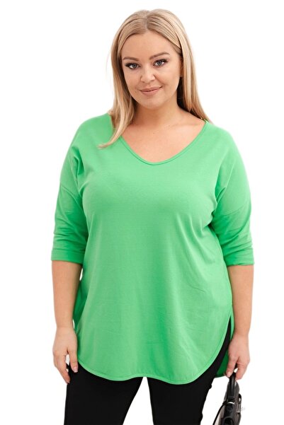 Kesi Bluză verde deschis din bumbac, mărime plus, cu decolteu în V și mâneci ...