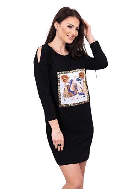 Kesi Rochie neagră cu grafică 3D și ciucuri decorativi