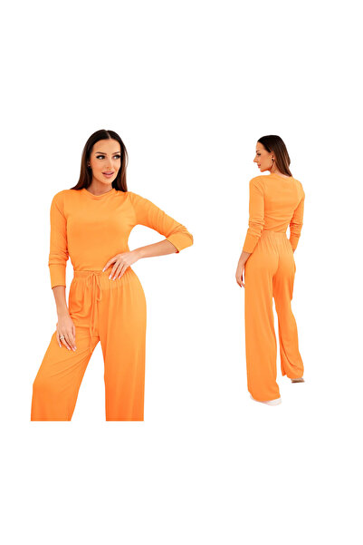 Kesi Set portocaliu din viscoză pentru femei, cu bluză și pantaloni largi