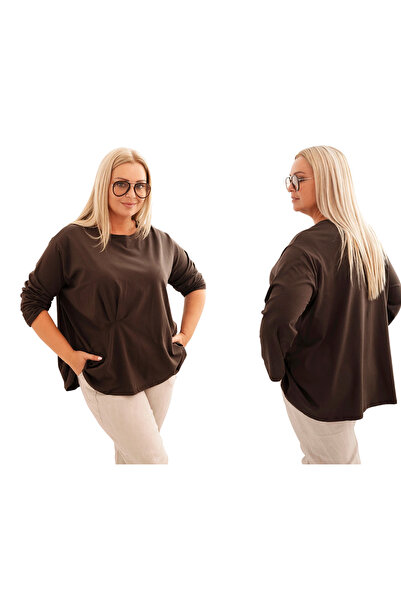 Kesi Women's brown Cotton long-sleeved blouse, plus size