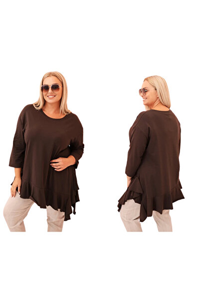 Kesi Women's brown blouse, plus size, with Ruffled and asymmetrical hem