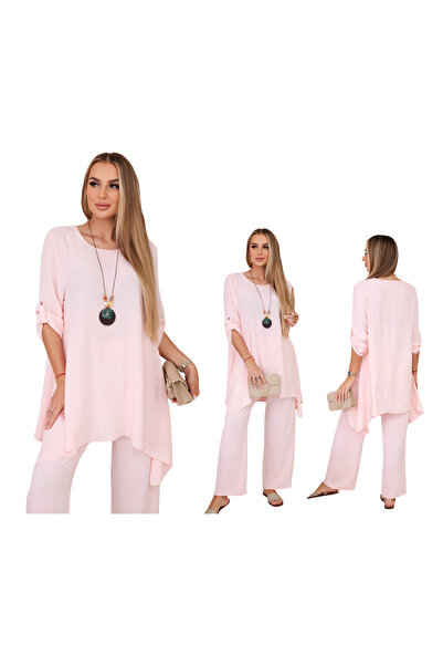 Kesi Set de damă roz deschis pudrat cu colier: tunică și pantaloni largi